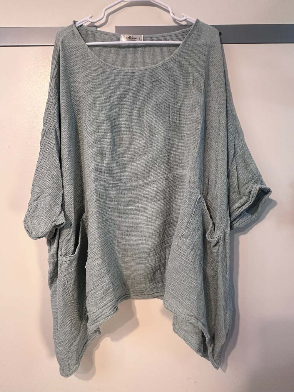 Mahina Cotton Gauze Pullover Top Size S Sage Green Oversized Pockets